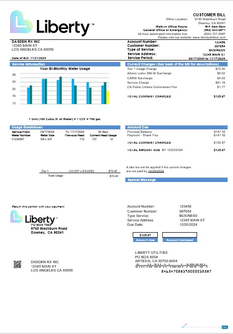 USA California Liberty Utilities business utility bill template in Word and PDF formats